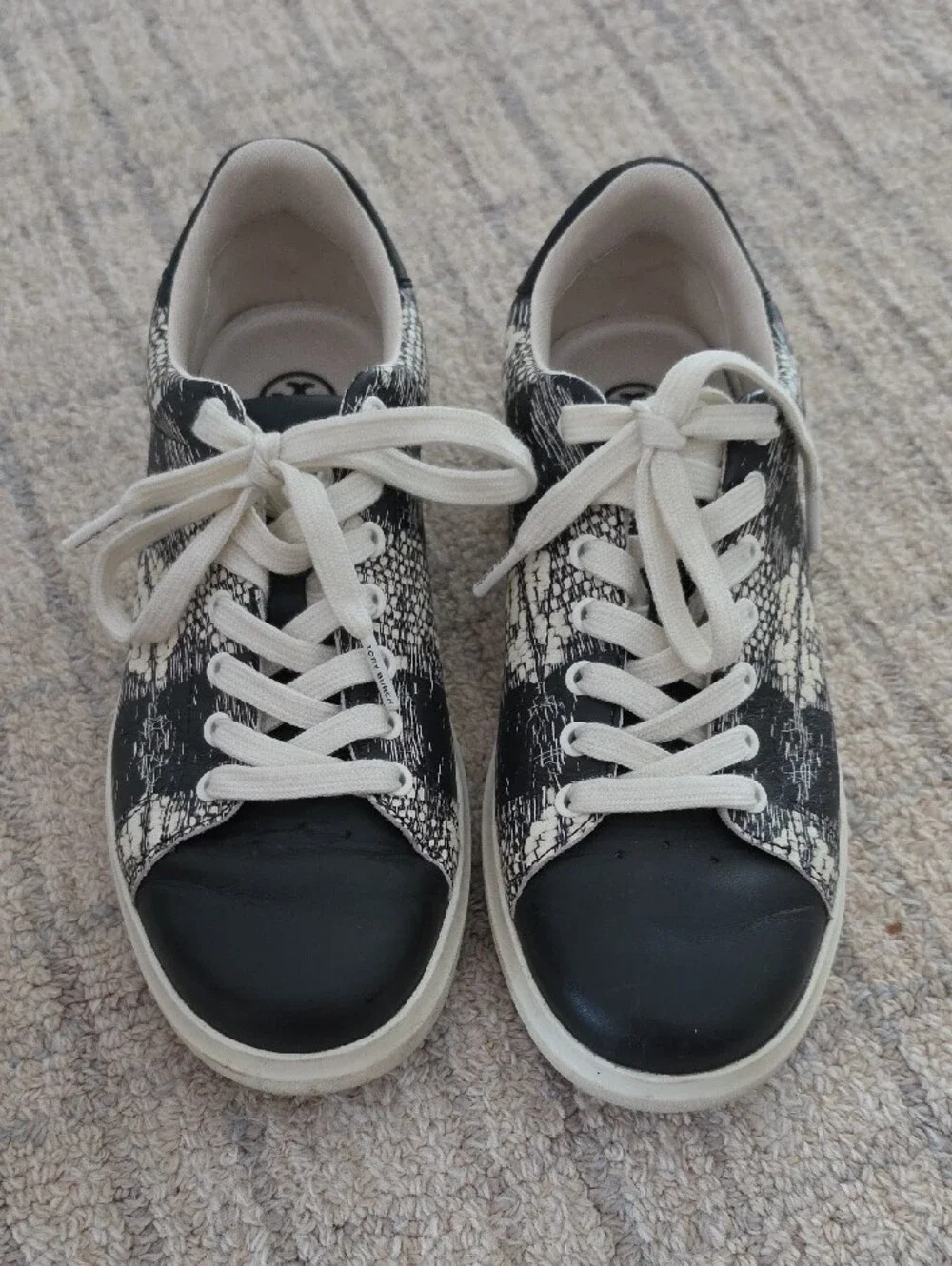Tory Burch Black and Cream Textured Leather Lace-Up Sneakers